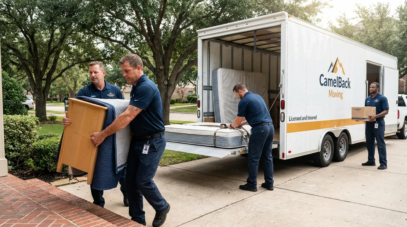 Crew loading residential truck for cross-state move from Thayer, MO