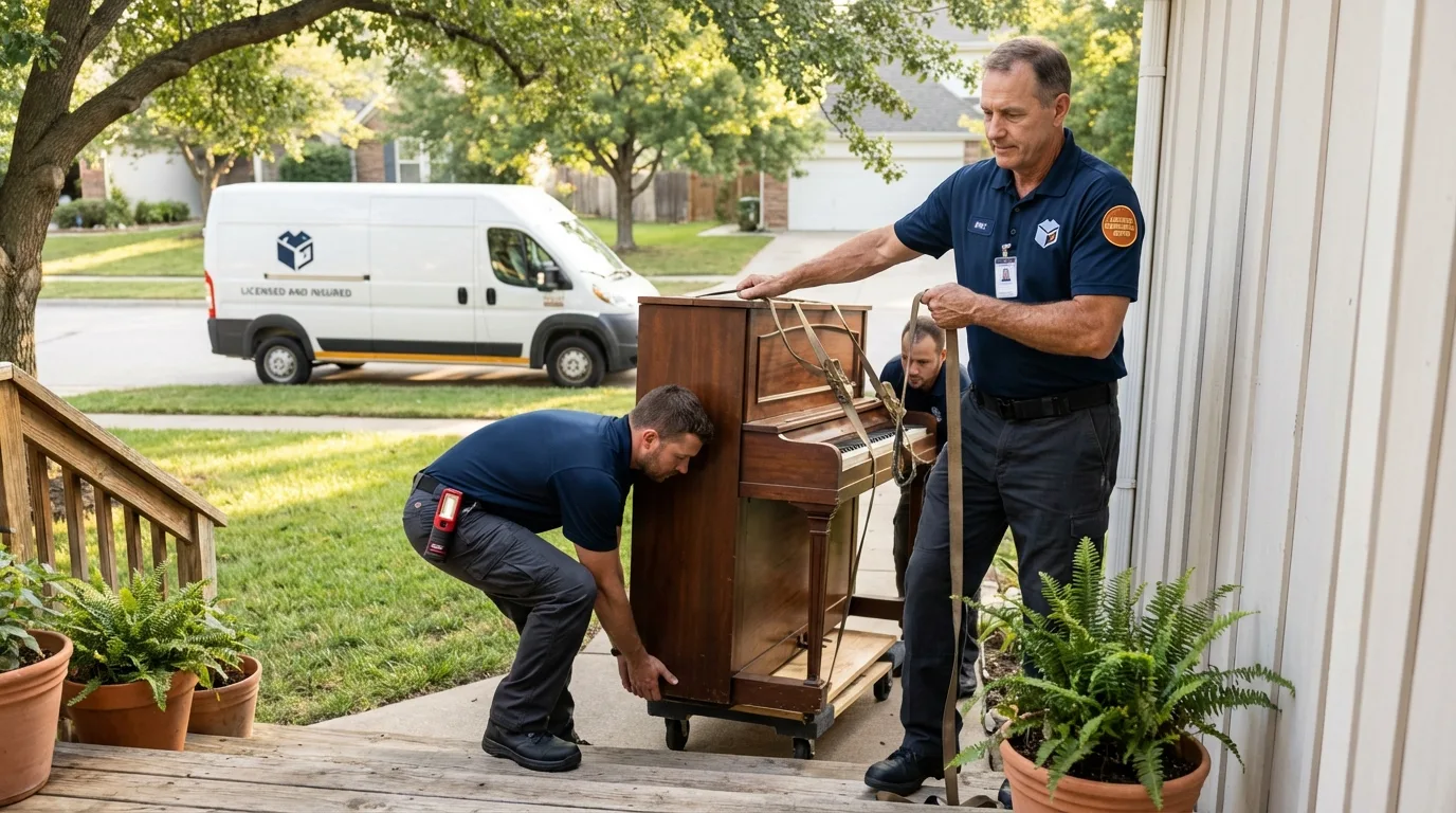 Licensed piano movers securing grand piano in Thayer, MO