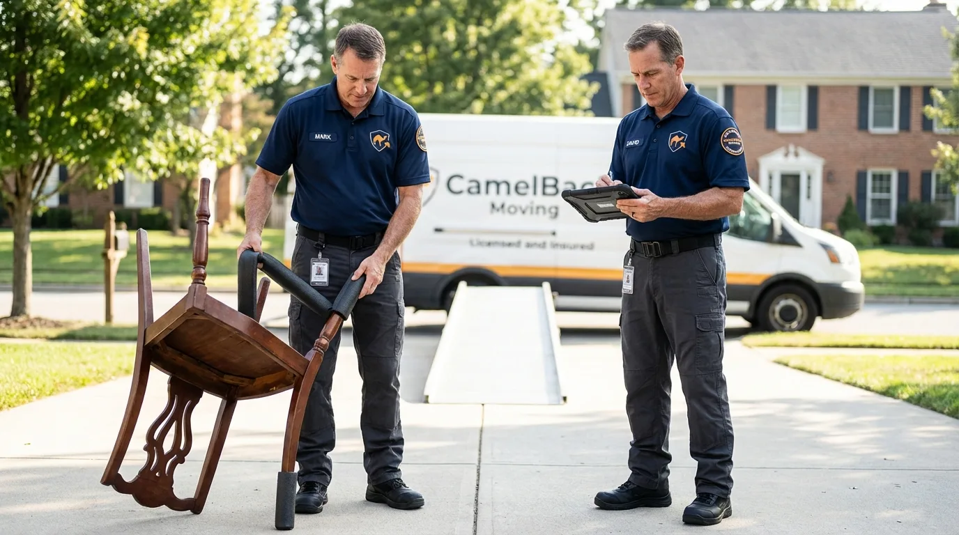 Movers inspecting furniture for damage prevention before loading in Thayer, MO