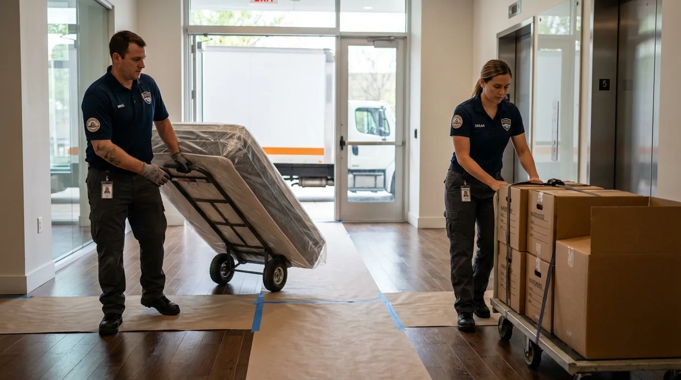 Professional apartment movers loading elevator in Thayer, MO
